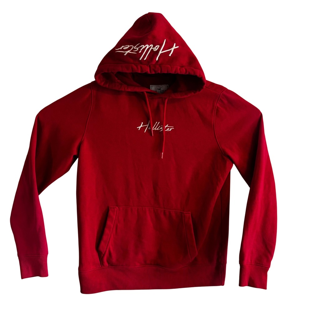Hollister California Hoodie Mens Script Red Logo Pullover Large Kangaroo Pocket